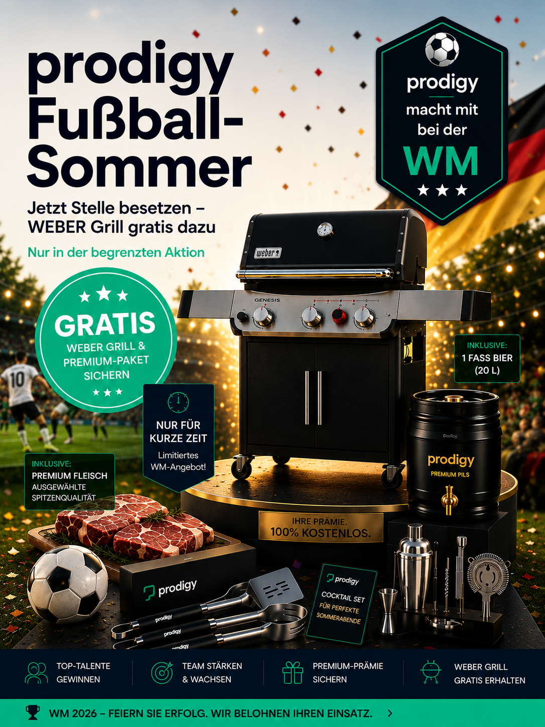 prodigy Fußball-Sommer 2026 — Weber Grill, Premium Fleisch, 1 Fass Bier und Cocktail Set als Prämie zur WM-Aktion